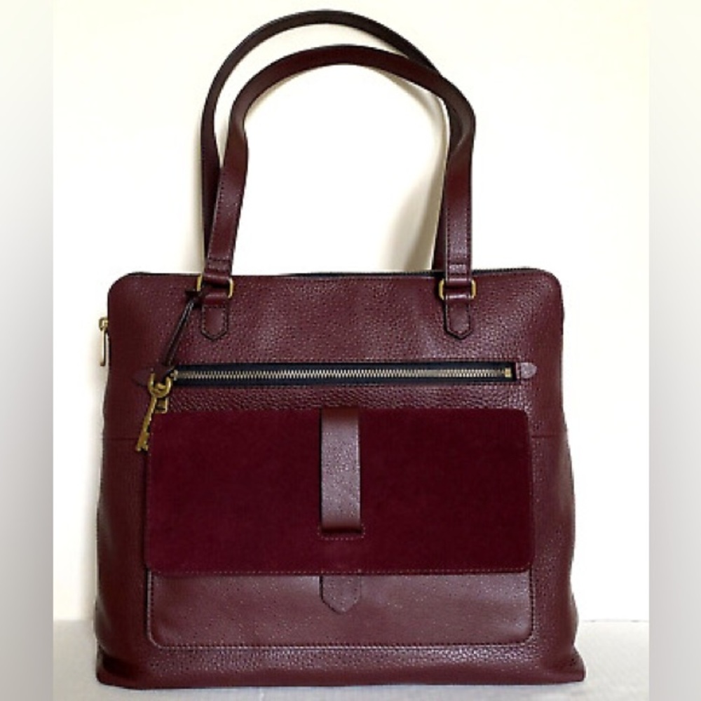 Fossil Kinley Leather and Suede Shopper Tote Oxblood Red